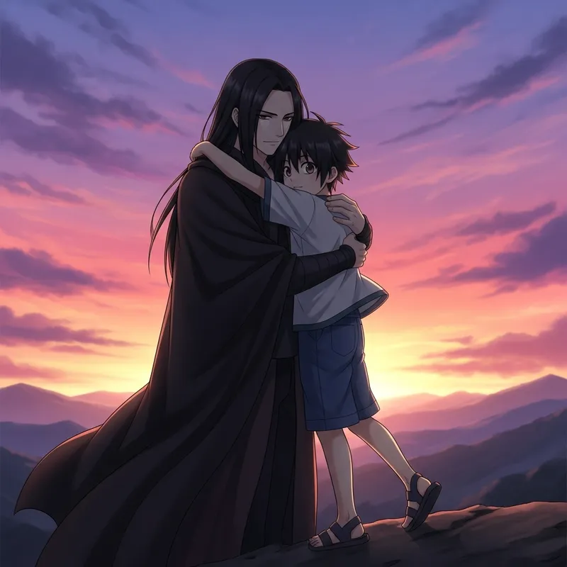 Itachi and Sasuke Embracing at Vibrant Sunrise