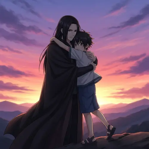 Itachi and Sasuke Embracing at Spectacular Sunrise