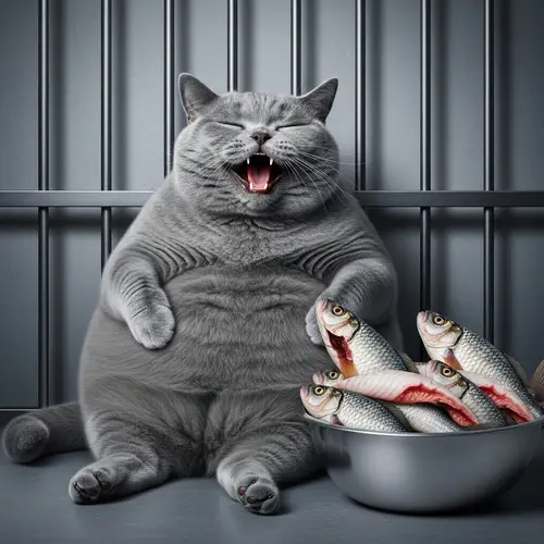 Overweight Grey British Shorthair Cat Laughing Behind Bars