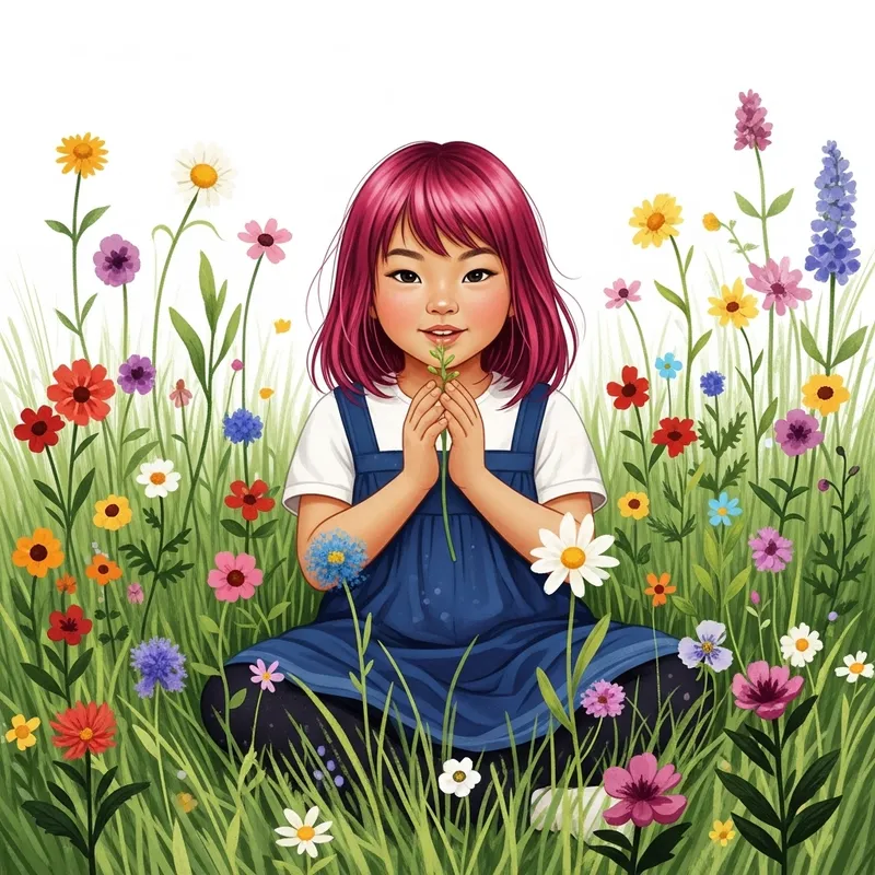 Whimsical Young Asian Girl Illustration with Pink Hair and Colorful Flowers