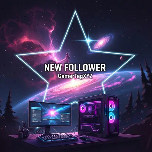 Star-Shaped Twitch Alert with Space Background and Anime-Style Gaming PC