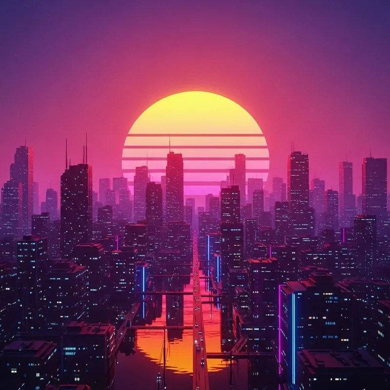 Cyberpunk Neon Cityscape | Vibrant Sunset Artworks