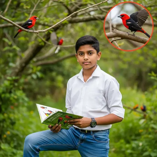 Young South Asian Boy Exploring Vibrant Birds in a Lush Garden