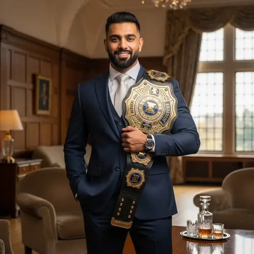 Indian Man in Suit with Championship Belt | Andrew Tate