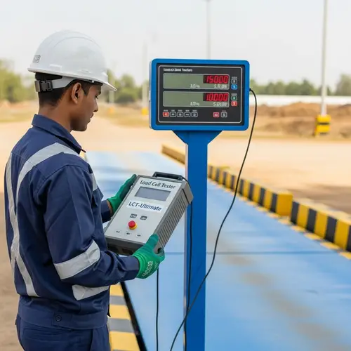 Technician Testing Truck Weighing Scale with Load Cell Tester LCT-Ultimate