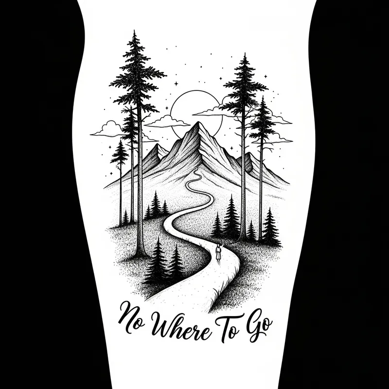 No Where To Go Tattoo Design | Mountain & Trail Theme No Where To Go Tattoo Design | Mountain & Trail Theme