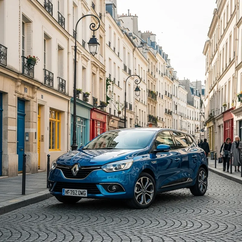 Blue Renault Plateau 2015 in Paris with Cobblestone Streets