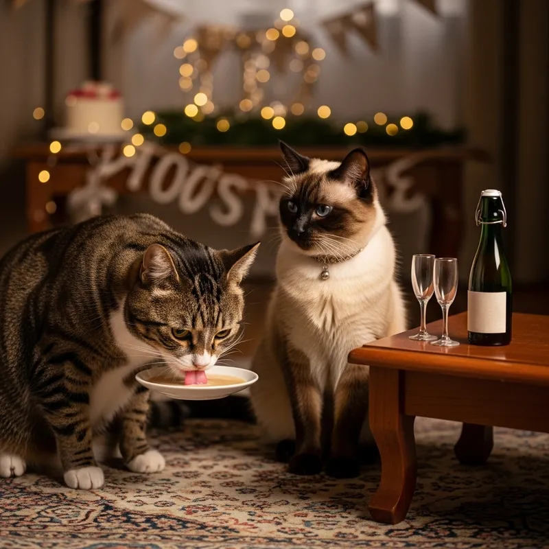 Elegant Cat Couple Celebrating with Cat-Friendly Beverage