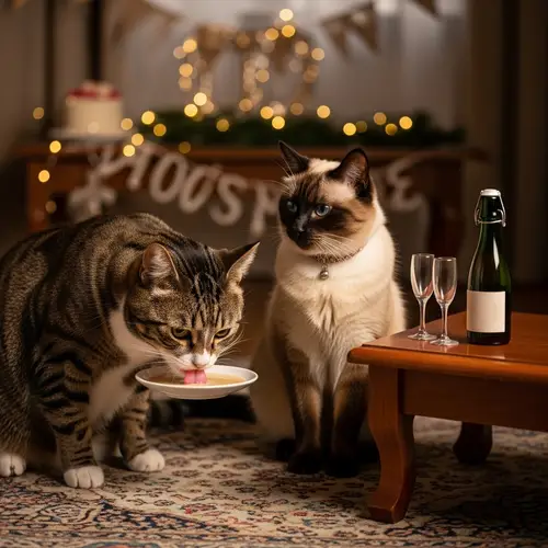 Elegant Cat Couple Celebrating with Cat-Friendly Beverage
