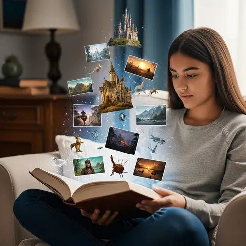 Enchanting Imagery: Teenager Mesmerized by Book | Mystical Scenes