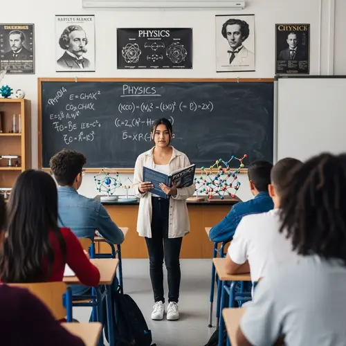 Diverse Classroom Scene: Hispanic Female Student Presenting Physics