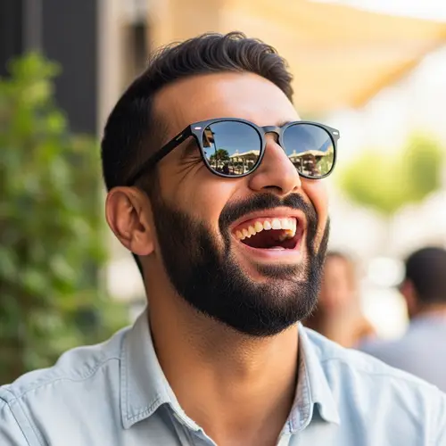 Happy Middle-Eastern Man Laughing Heartily in Black Sunglasses