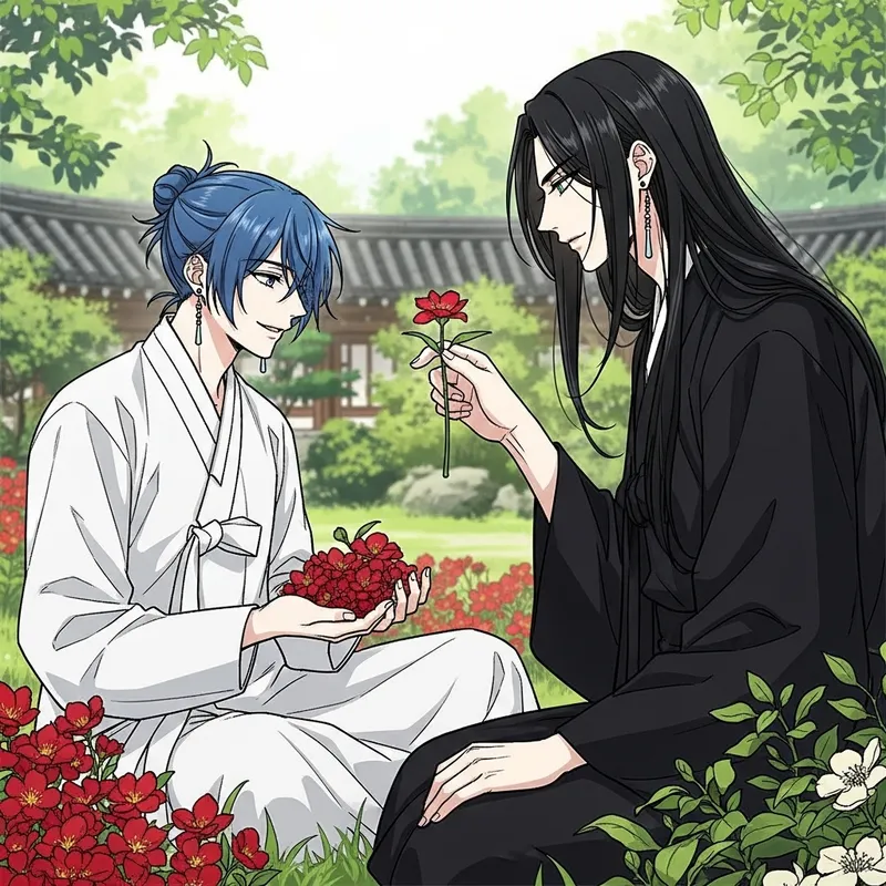 Manhwa Style Illustration of Two Young Men in a Garden Gathering Flowers Manhwa Style Illustration of Two Young Men in a Garden Gathering Flowers