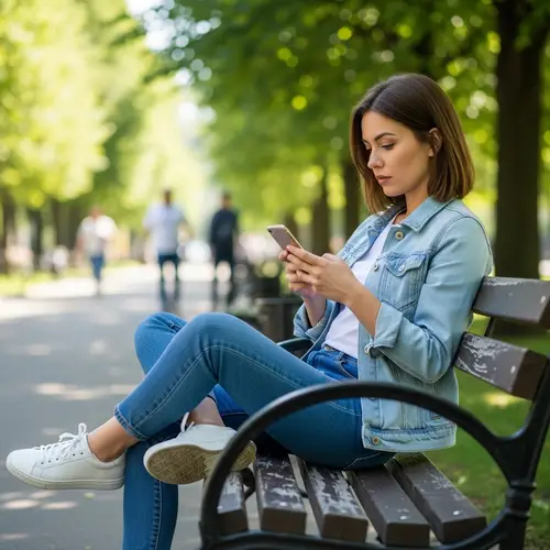 Girl in Blue Jeans Farts on Bench While Texting
