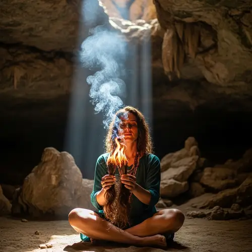 Middle Eastern Woman Burning Hair Strands in Cave