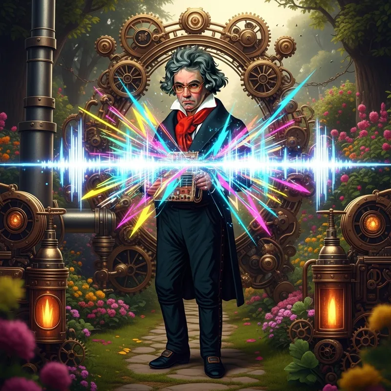 Steampunk Synthwave Fusion of Beathoven in Lush Garden