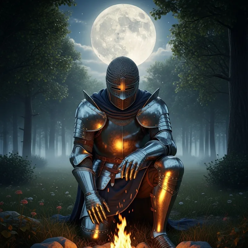 Medieval Knight in Shining Armor Kneeling by Campfire