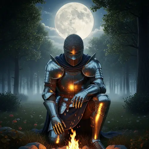 Medieval Knight Kneeling by Campfire - Enchanting Fantasy Scene