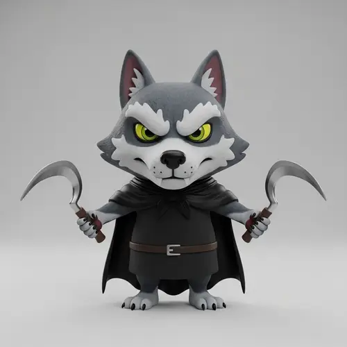 Adorable Grey Wolf Caricature with Sickle | Detailed 3D Render
