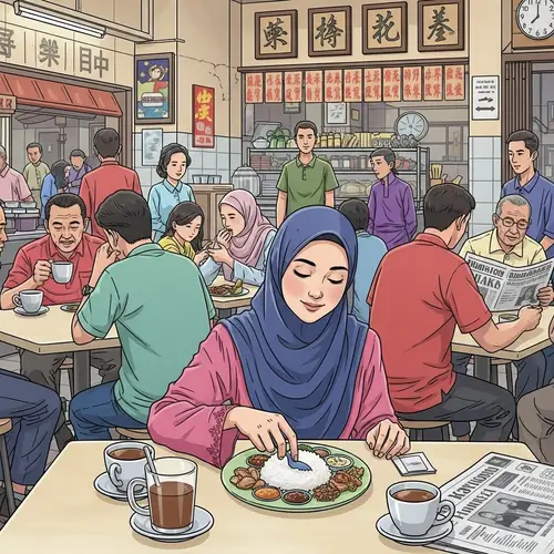Traditional Malaysian Coffee Shop: Diverse Crowd with Malay Woman