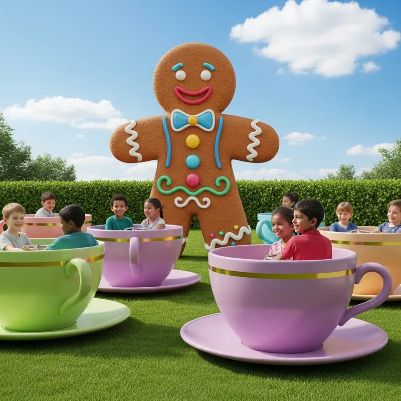 Kids Enjoying Teacup Rides with Giant Gingerbread