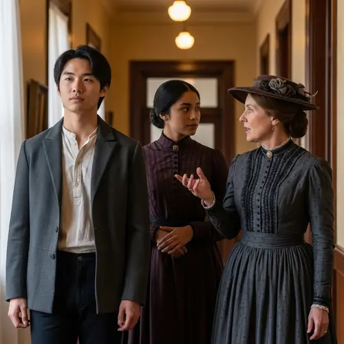 Late 1800s Scene: Young Asian Man Deep in Thought Along Corridor