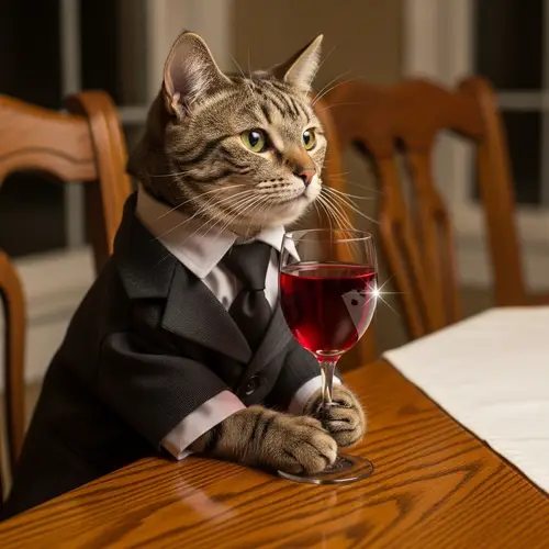 Clever Cat in Business Attire Enjoying Wine at Table