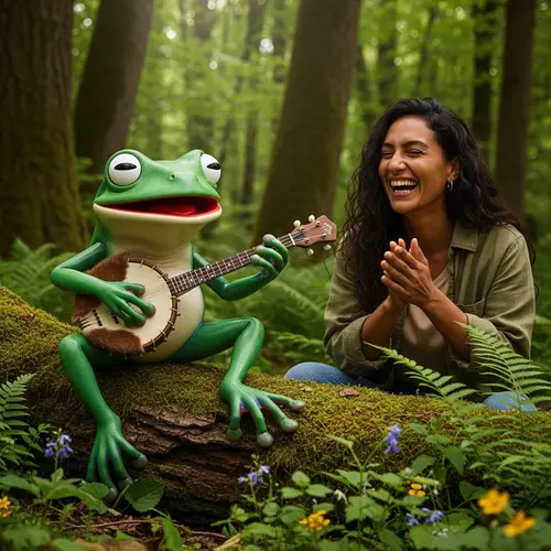 Whimsical Frog Plays Banjo with Hispanic Woman in Forest