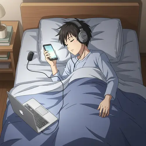 Peaceful East Asian Boy Sleeping with Technology