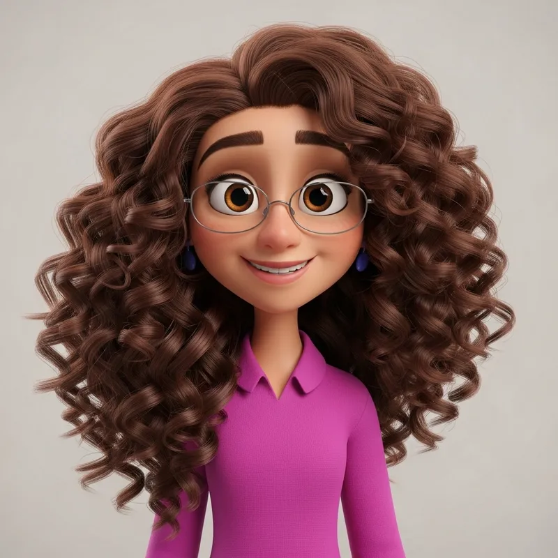 Vintage Disney 3D Animation Style: Curly-Haired Hispanic Girl in Fuchsia Shirt