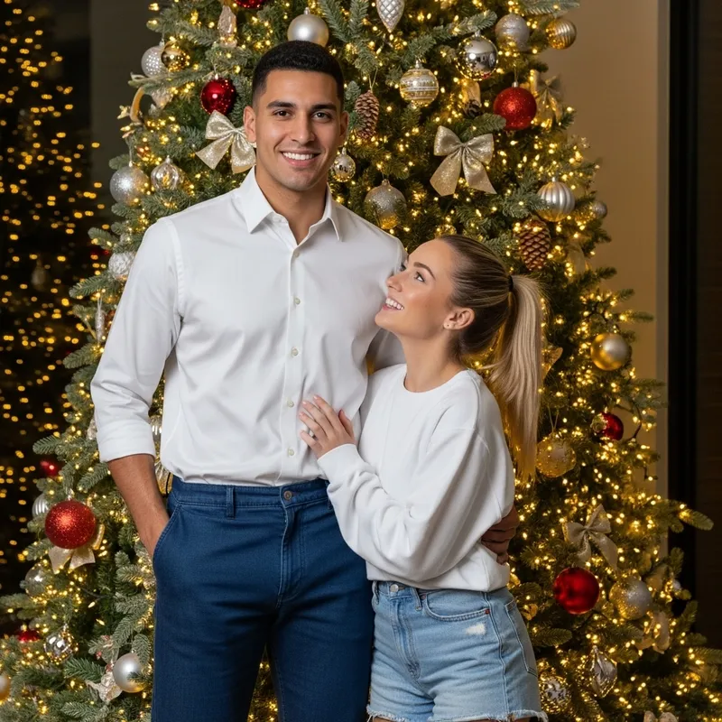 Festive Christmas Tree: Tall Hispanic Male & Short Caucasian Female Duo Festive Christmas Tree: Tall Hispanic Male & Short Caucasian Female Duo