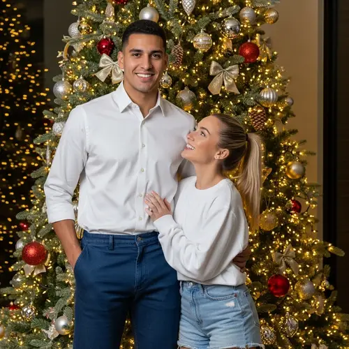 Festive Christmas Tree Decor: Tall Hispanic Male and Short Caucasian Female