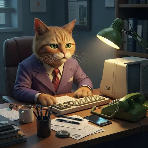 Workaholic Orange Cat in 1970s Purple Suit at Cluttered Office Desk