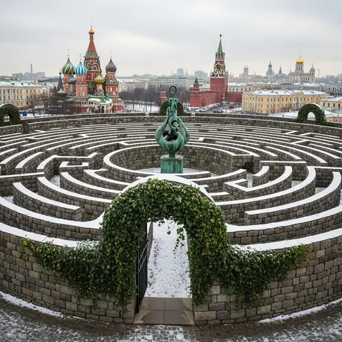 Intricate Labyrinth Installation in Moscow Cityscape