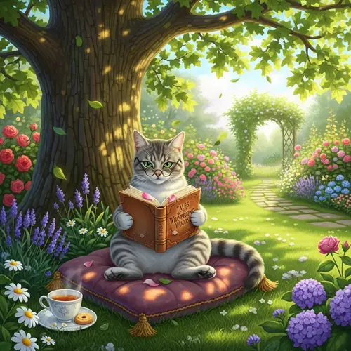 Serene Garden Scene: Grey and White Cat Reading Under Oak Tree