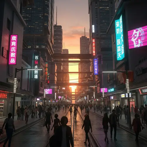Futuristic Cyberpunk City at Dusk - Vibrant Sunset Skyline View