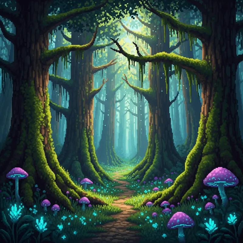 Pixel Magic Forest: Enchanting Scene with Glowing Mushrooms