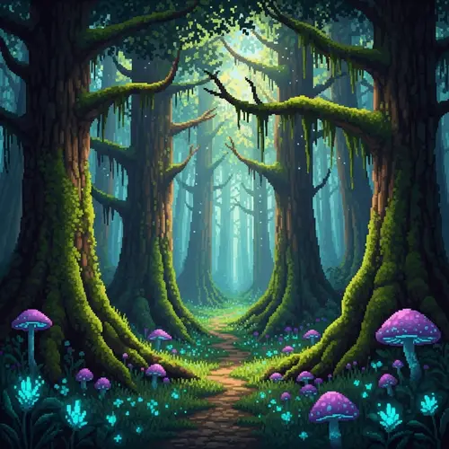 Magical Forest Pixel Art: Enchanting Scene with Glowing Mushrooms
