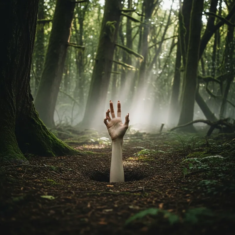 Elongated Hand in Misty Forest - Unique Imagery Elongated Hand in Misty Forest - Unique Imagery