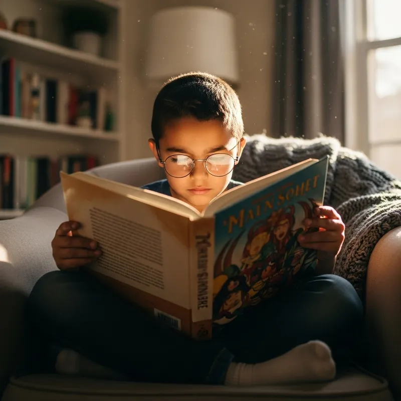 Young Hispanic Boy Reading a Book with Glasses