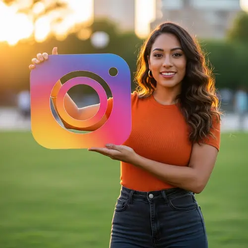 Confident Hispanic Woman Holding up Camera Symbol
