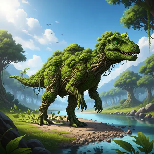 Eco-Friendly Dinosaur in Lush Jurassic Scene