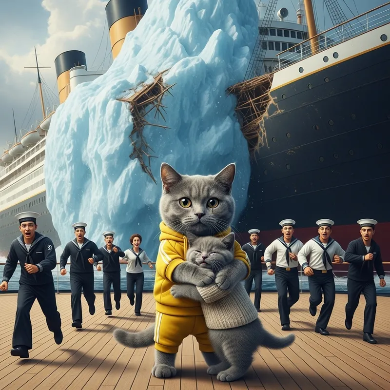 Massive Liner Collides with Iceberg: Grey Cat Comforts Kitten