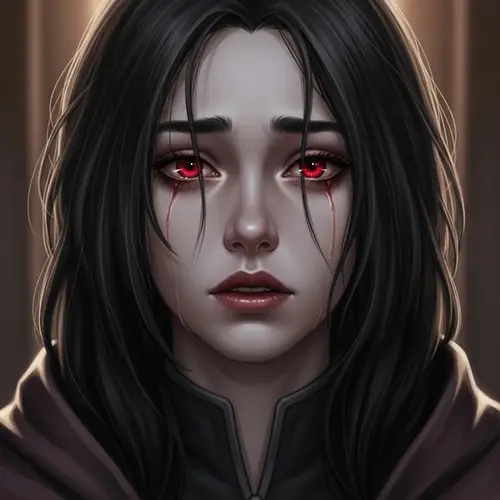 Sad Tiefling Teenager with Black Hair and Red Eyes