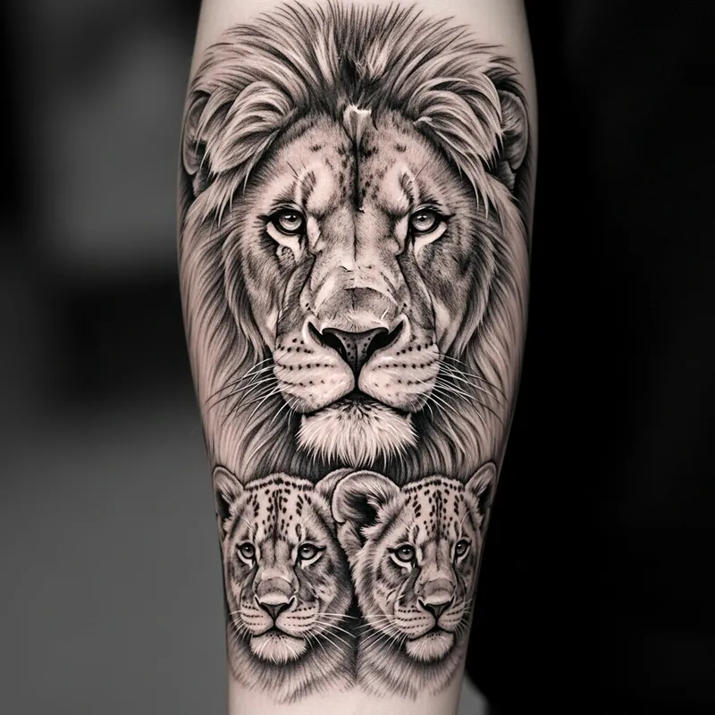 Realistic Lion Tattoo Design with Lion Cubs in Black & White Realistic Lion Tattoo Design with Lion Cubs in Black & White