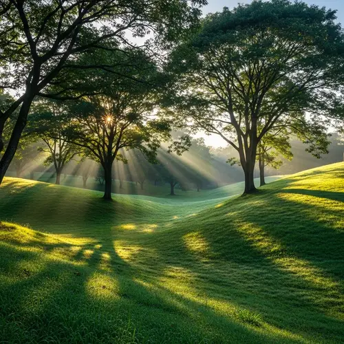 Lush Green Landscape with Tyndall Effect, Trees, and Shadows