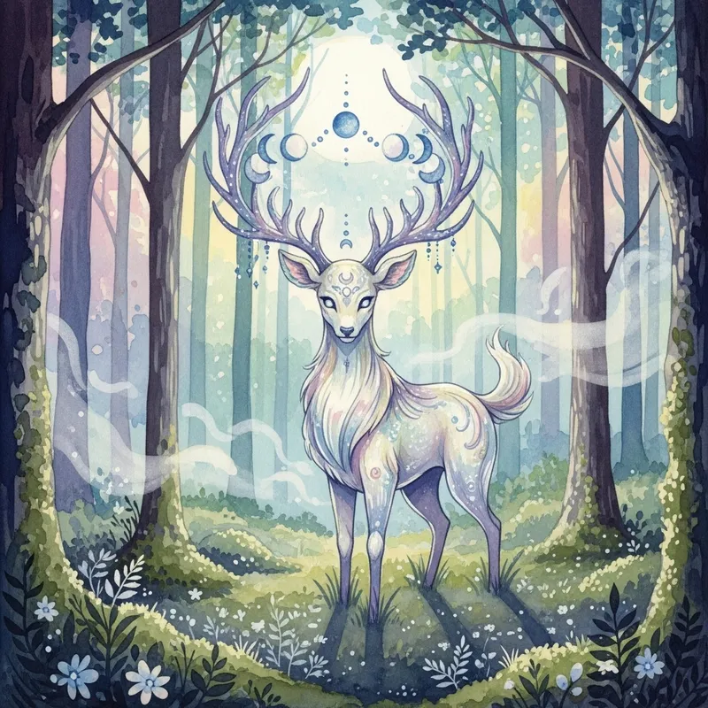 Majestic Mystical Creature in Dreamy Watercolor Forest