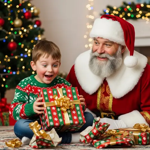 Excited Young Boy Opening Christmas Gift with Generous Nicholas
