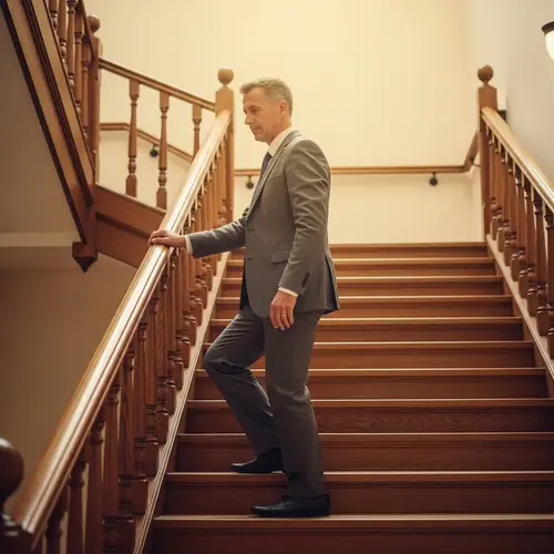 Professional man ascending wooden staircase symbolizing progress