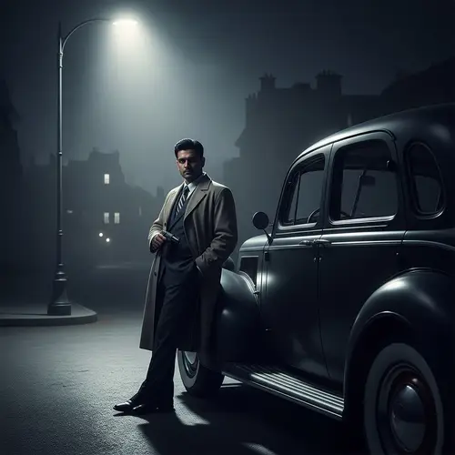 Vintage Noir Scene: Lone Armed Chauffeur by Streetlight